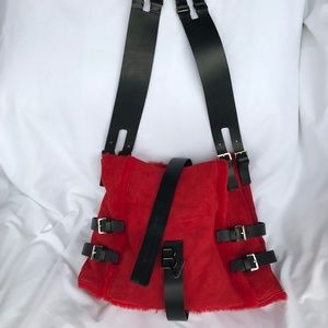 Bottega Veneta red shearling purse with leather